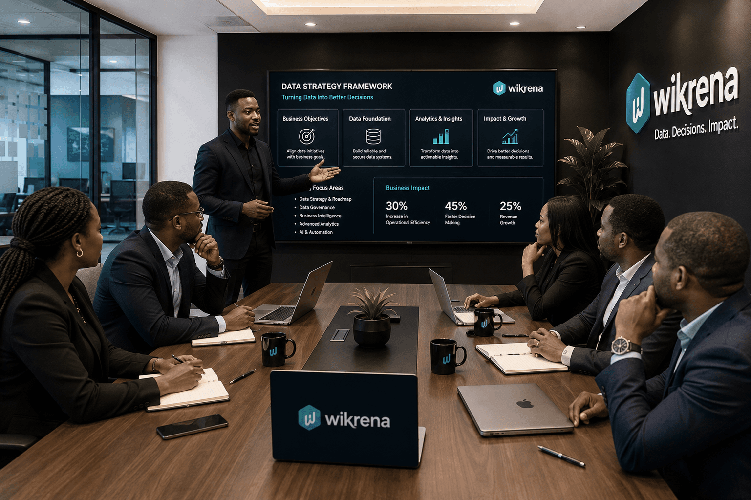 A Wikrena consultant presenting a data strategy framework to a client leadership team